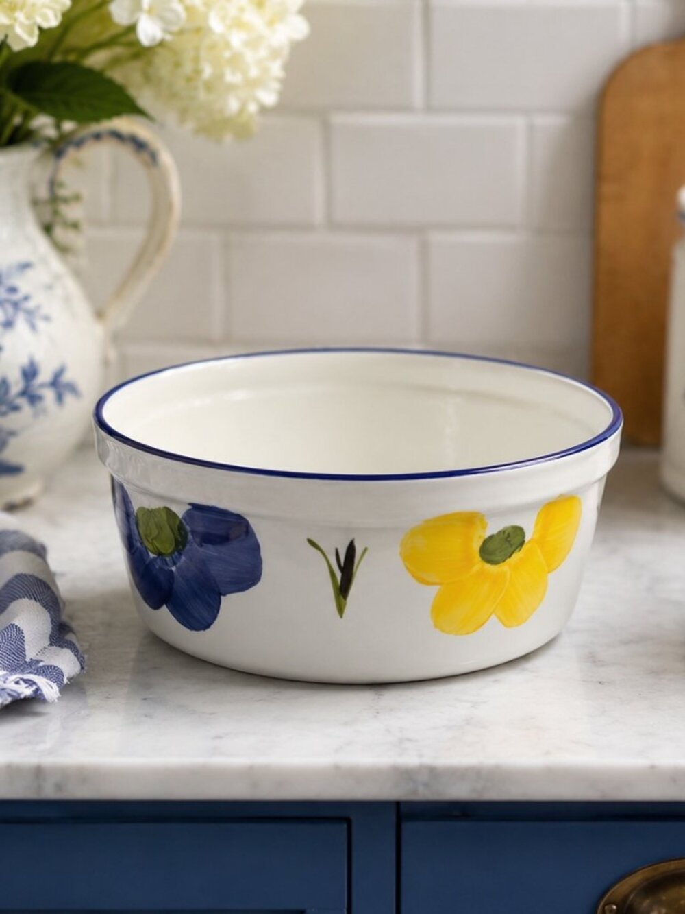 MAXAM Hand Painted Portugal Stoneware Floral Serving Bowl 7.75" Blue Rim